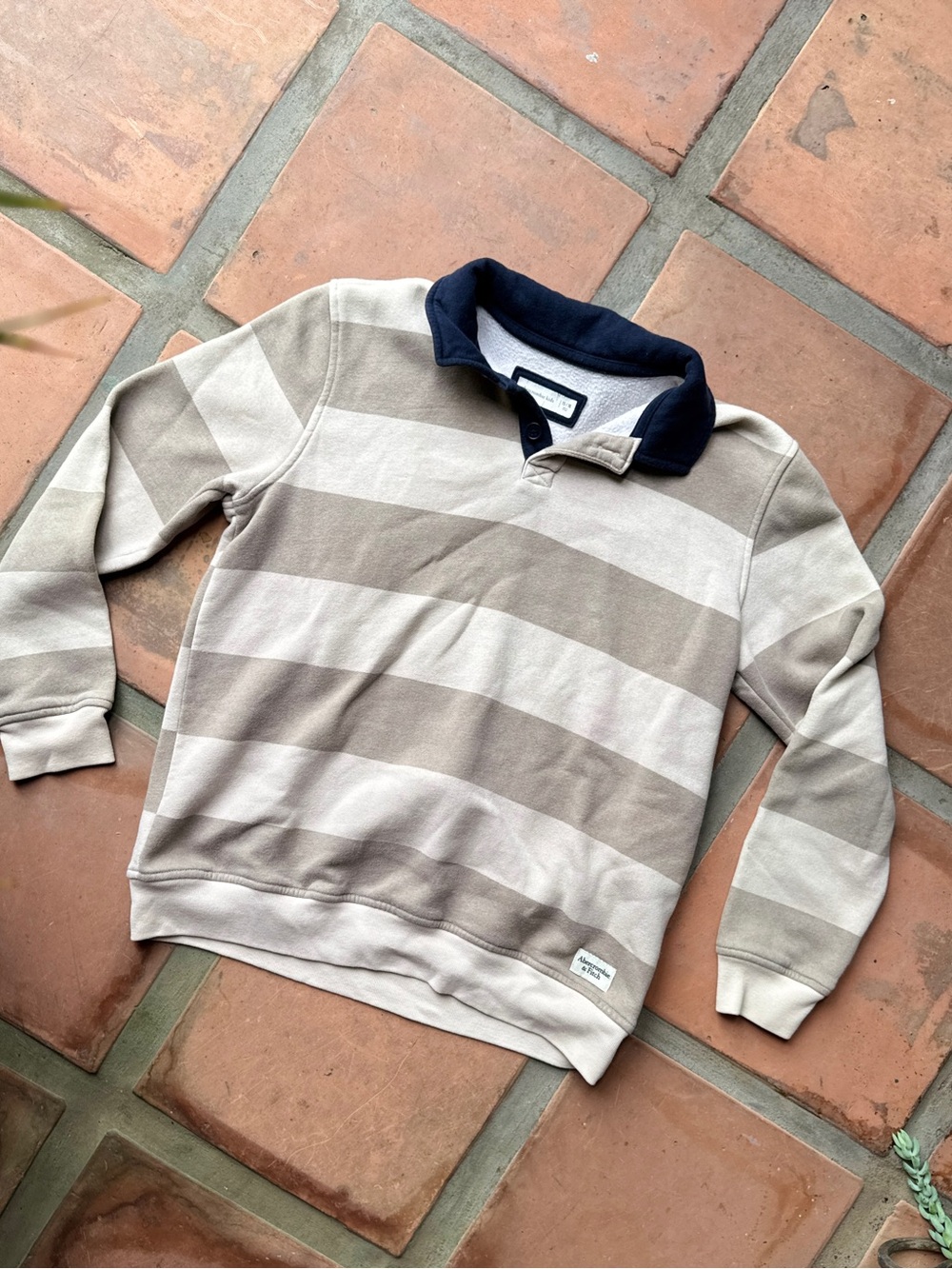 abercrombie kids Beige & Cream Striped Crewneck with Navy Polo Collar
